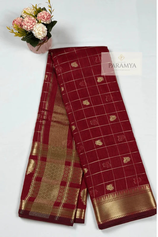 Deep Maroon Raw Silk Saree with Gold Zari Border