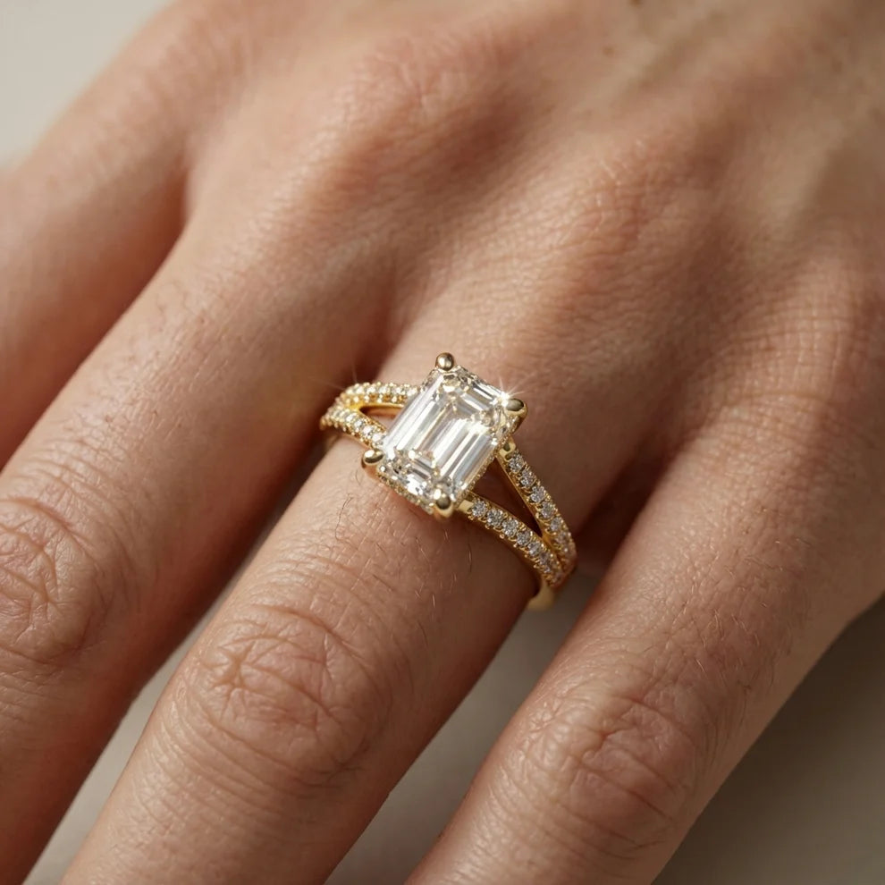 Eternal Embrace Solitaire Emerald Diamond Engagement Ring in Yellow Gold