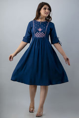 Teal Blue Front Embroidery Flared Kurta