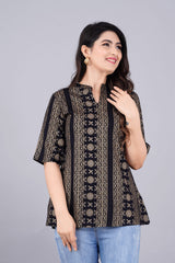 Noir Printed Cotton Black Tunic Top