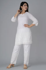 Women's White Chikankari Kurti Pant Set